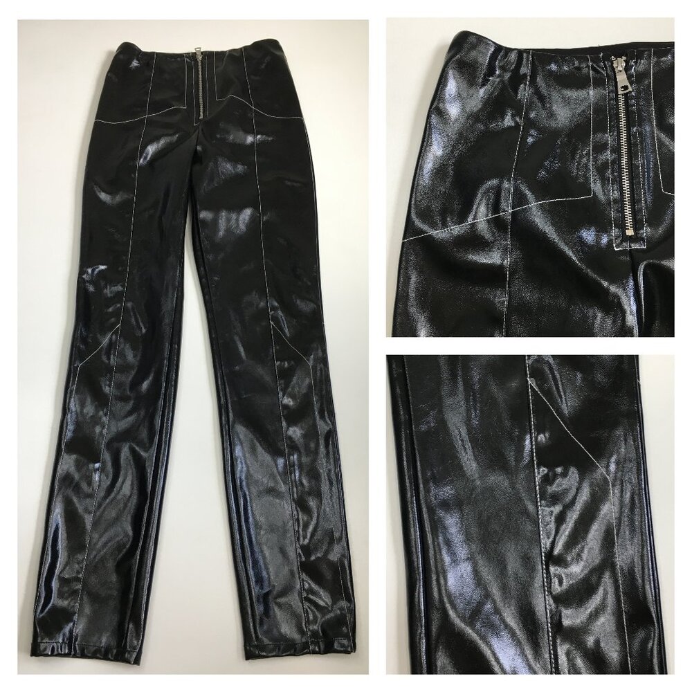 I AM GIA Black Patent Shiny Leather White Thread Exposed Zip High Rise Pant